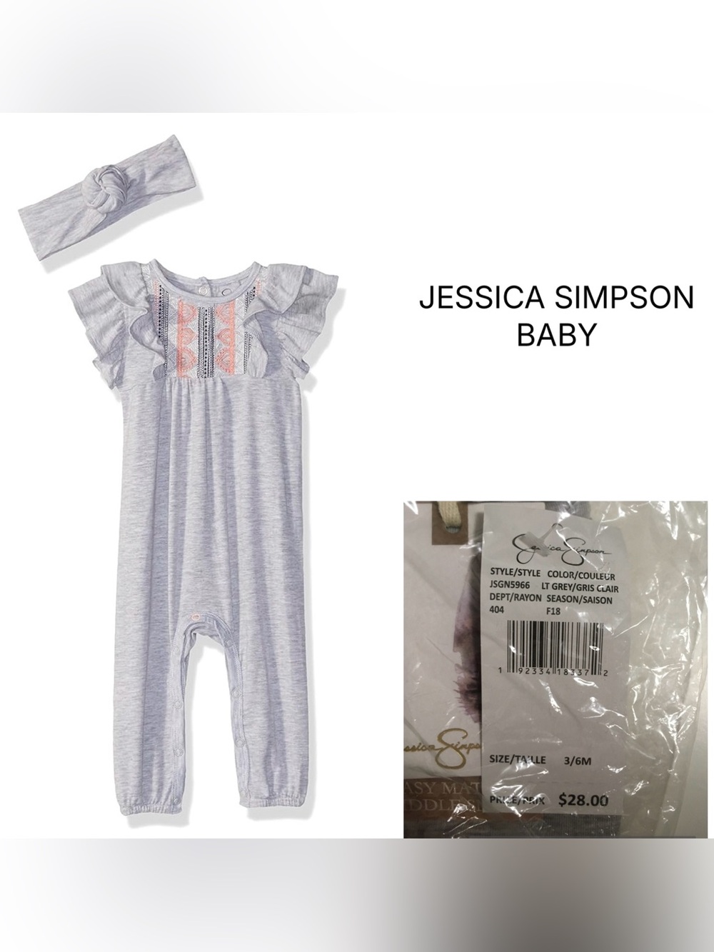JESSICA SIMPSON BABY - 3/6M - NWT - 2PC GREY JUMPSUIT AND HEADBAND